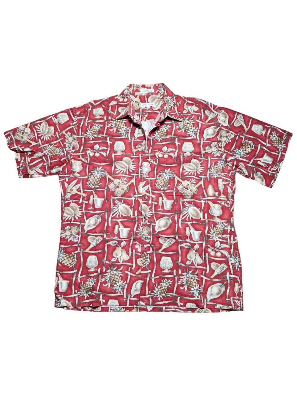 Pierre Cardin Hawaiian Aloha Shirt Mens Button Up Large Red Pineapple Ukulele
